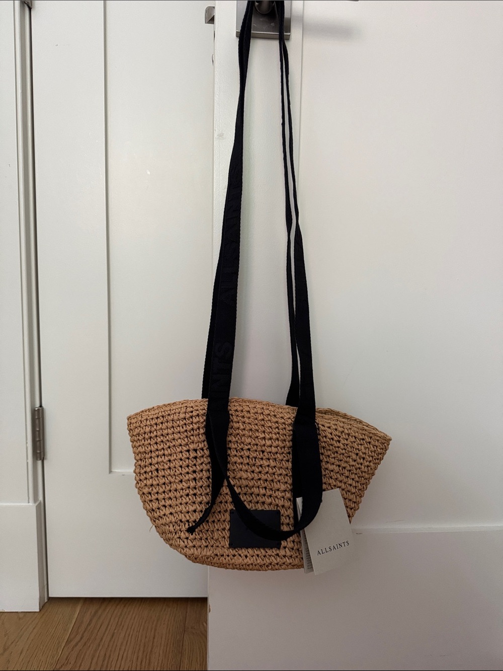 NWT All Saints Natural Straw Celayne Mini Tote with Black Ribbon Straps